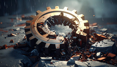3d rendering of gears and cogs in a heap of debrisの素材