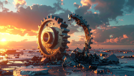 Cogwheels and cogs on the background of the sunset. 3d illustrationの素材