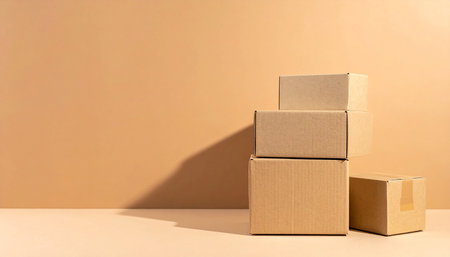 stack of cardboard boxes on a beige background with copy space.の素材
