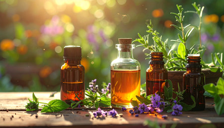 Essential oil in small bottles with fresh herbs. Selective focus. nature.の素材