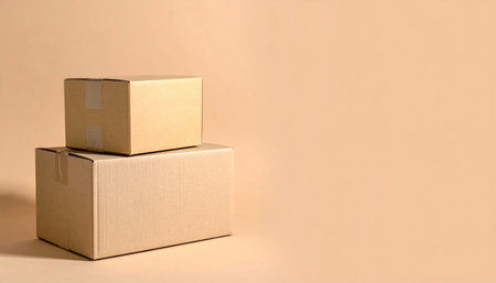 Cardboard boxes on a beige background with space for text.の素材