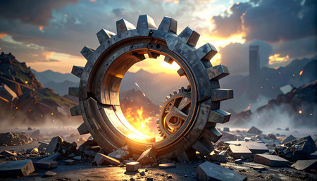 Conceptual image with cogwheel mechanism against sunset sky background. Mixed mediaの素材