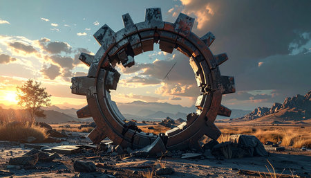 3D rendering of a gear wheel in a desert setting with mountains in the backgroundの素材