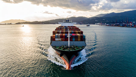 Aerial view of container ship in the port at sunset time.の素材