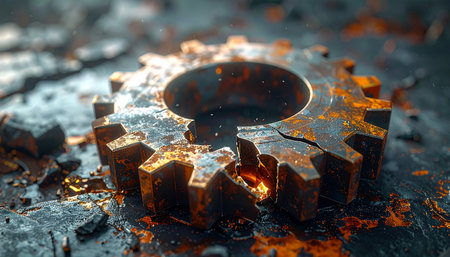 Industrial metal gear on rusty metal background. 3d illustration.の素材