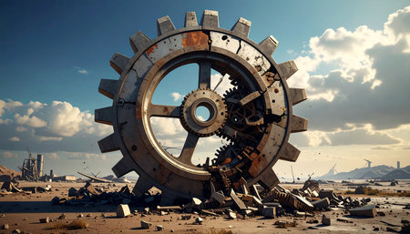 Gears on the background of the industrial landscape. 3d renderの素材