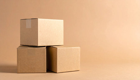 Brown cardboard boxes on a beige background with space for text.の素材