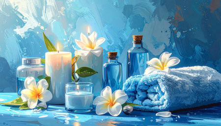 Spa still life with candles, flowers and towels on blue backgroundの素材