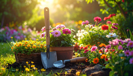 Gardening tools and flowers in the garden. Gardening concept.の素材