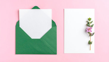 Envelope with blank card and flower on pink background. Flat lay, top viewの素材