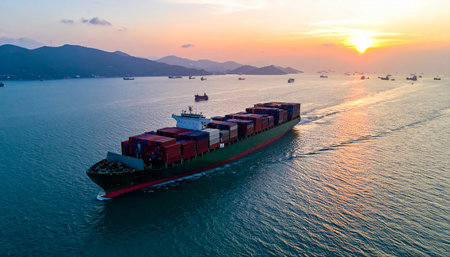 Aerial view of container ship in the sea at sunset time.の素材