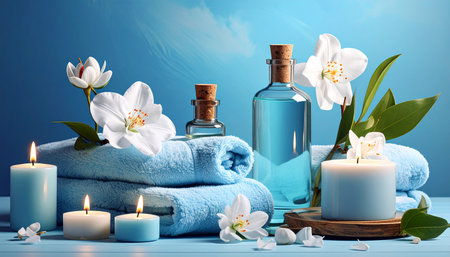 Spa still life with towels, candles and flowers on blue backgroundの素材