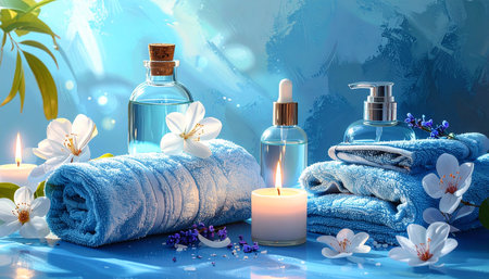 Spa still life with towels, flowers and candles on blue backgroundの素材