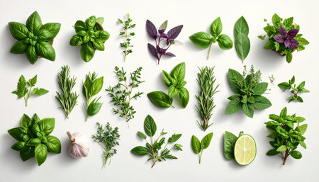 Set of fresh herbs on white background, top view. Flat layの素材