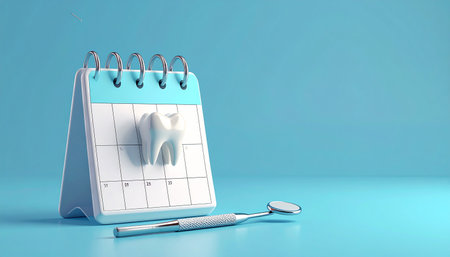 dental care concept with tooth on calendar 3d render on blue backgroundの素材