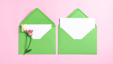 Envelope with blank card and flower on a pink background.の素材