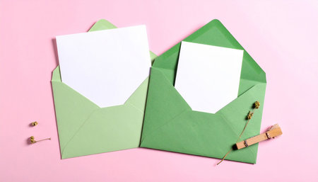 Envelope with blank card and dry flowers on color background, top viewの素材