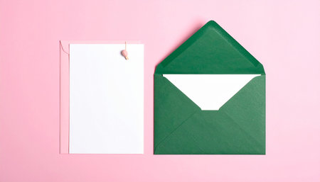Green envelope and white sheet of paper on a pink background, top viewの素材