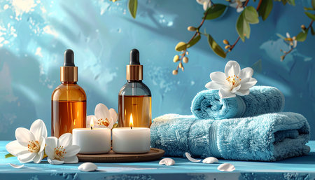 Spa still life with essential oil, towels and flowers on blue backgroundの素材