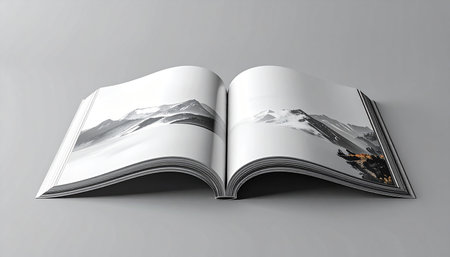 Opened magazine with mountains on a gray background. 3D renderingの素材