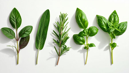 Fresh herbs on white background, top view. Basil, rosemary, sage, thymeの素材