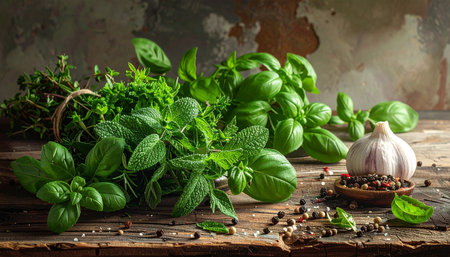 Fresh herbs on a wooden table, rustic style, selective focusの素材