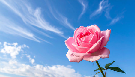 pink rose on blue sky background with white clouds, nature backgroundの素材