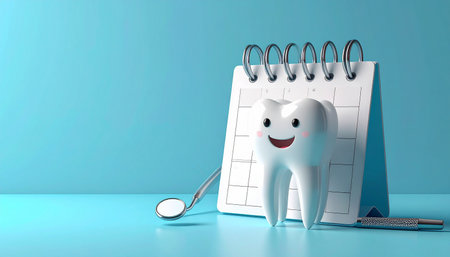 Tooth and calendar on blue background. Dentistry concept. 3D Renderingの素材