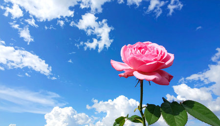 Pink rose on blue sky background with white clouds, nature background.の素材