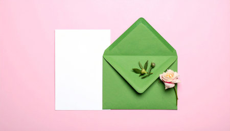 Envelope with blank card and rose on pink background, top viewの素材