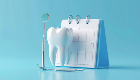 Tooth and dentist tools on blue background. 3d illustration.の素材