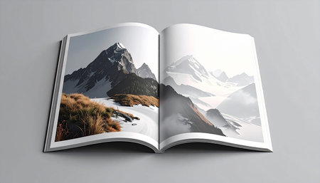 Open book with mountain landscape on pages isolated on grey background. 3D renderingの素材