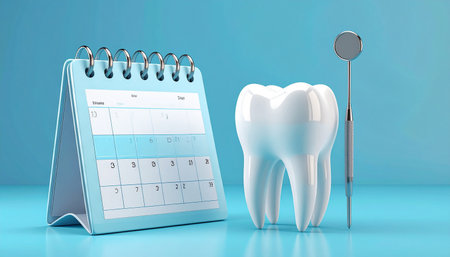 Tooth with dental mirror and calendar on blue background. 3D renderingの素材