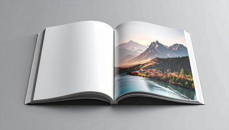 Open book with mountain landscape on the pages. 3d illustration.の素材