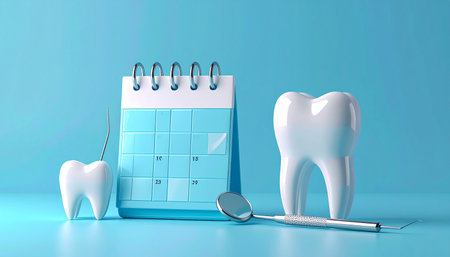 Tooth and dentist tools on blue background. 3D rendering.の素材
