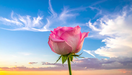 Beautiful pink rose on the background of blue sky with clouds.の素材