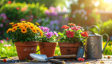 Gardening tools and flowers in pots on wooden table in gardenの素材