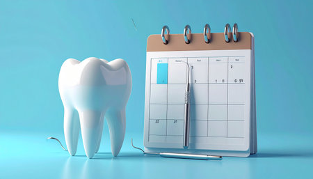 Tooth and dental calendar on blue background. 3D illustration.の素材