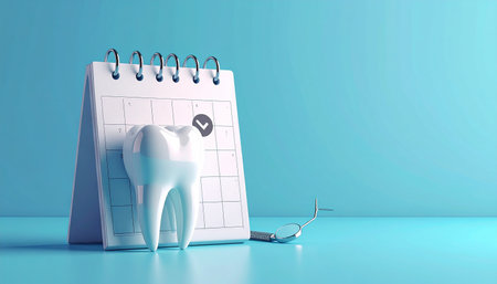 Tooth with dental mirror and calendar on blue background. 3D renderingの素材
