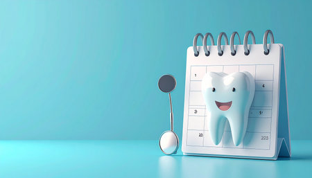Tooth on calendar with blue background, 3d rendering. Computer digital drawing.の素材