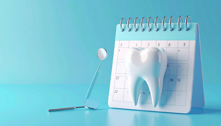 Tooth with dental mirror and calendar on blue background. 3d renderingの素材