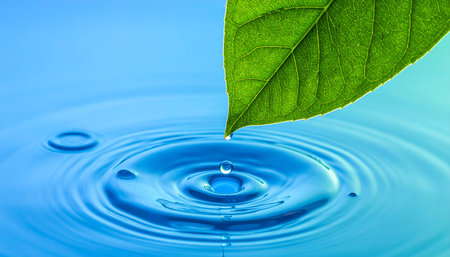 Water drop and green leaf on blue background with ripples and ripplesの素材