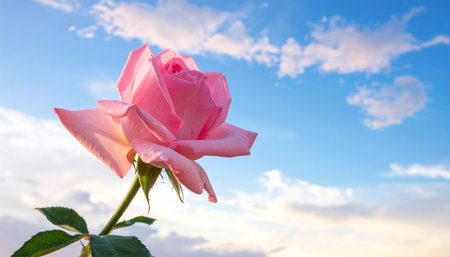 Beautiful pink rose on blue sky background. Nature background with copy space.の素材