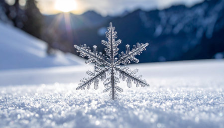 Snowflake on the snow in the mountains at sunset. Winter backgroundの素材
