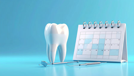 Tooth and dental tools on blue background. 3D rendering.の素材