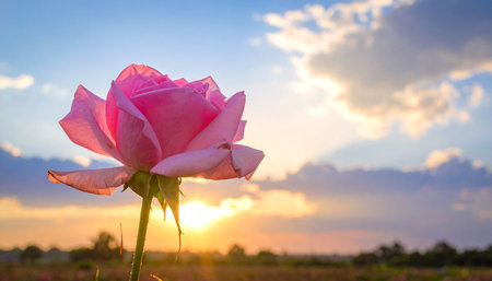Beautiful pink rose on the background of the setting sun and skyの素材