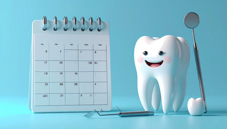Tooth and dental tools on blue background. 3d rendering.の素材