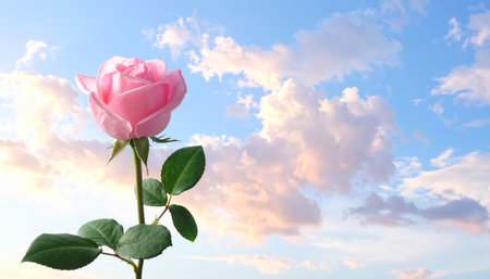 Beautiful pink rose on a background of blue sky with clouds.の素材