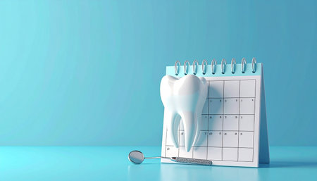 Tooth with dental mirror and calendar on blue background. 3d illustrationの素材