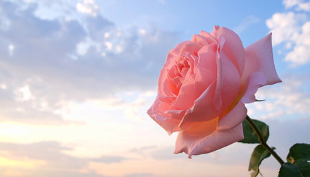 Beautiful pink rose on the background of blue sky with clouds.の素材